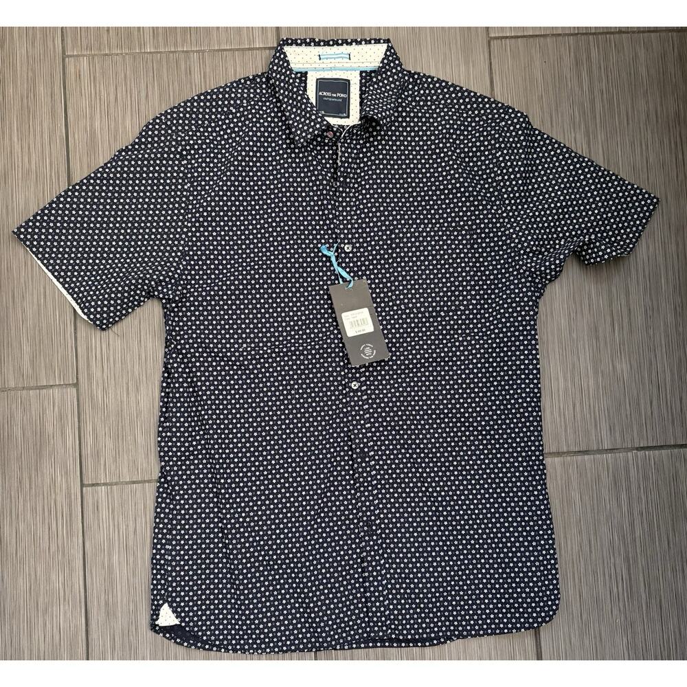 Across The Pond Men’s Button Up Short Sleeve Shirt Blue Floral Size XL Cotton